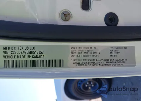 2021 Dodge Challenger Sxt z USA, uszkodzony, nr VIN 2C3CDZAG6MH513857